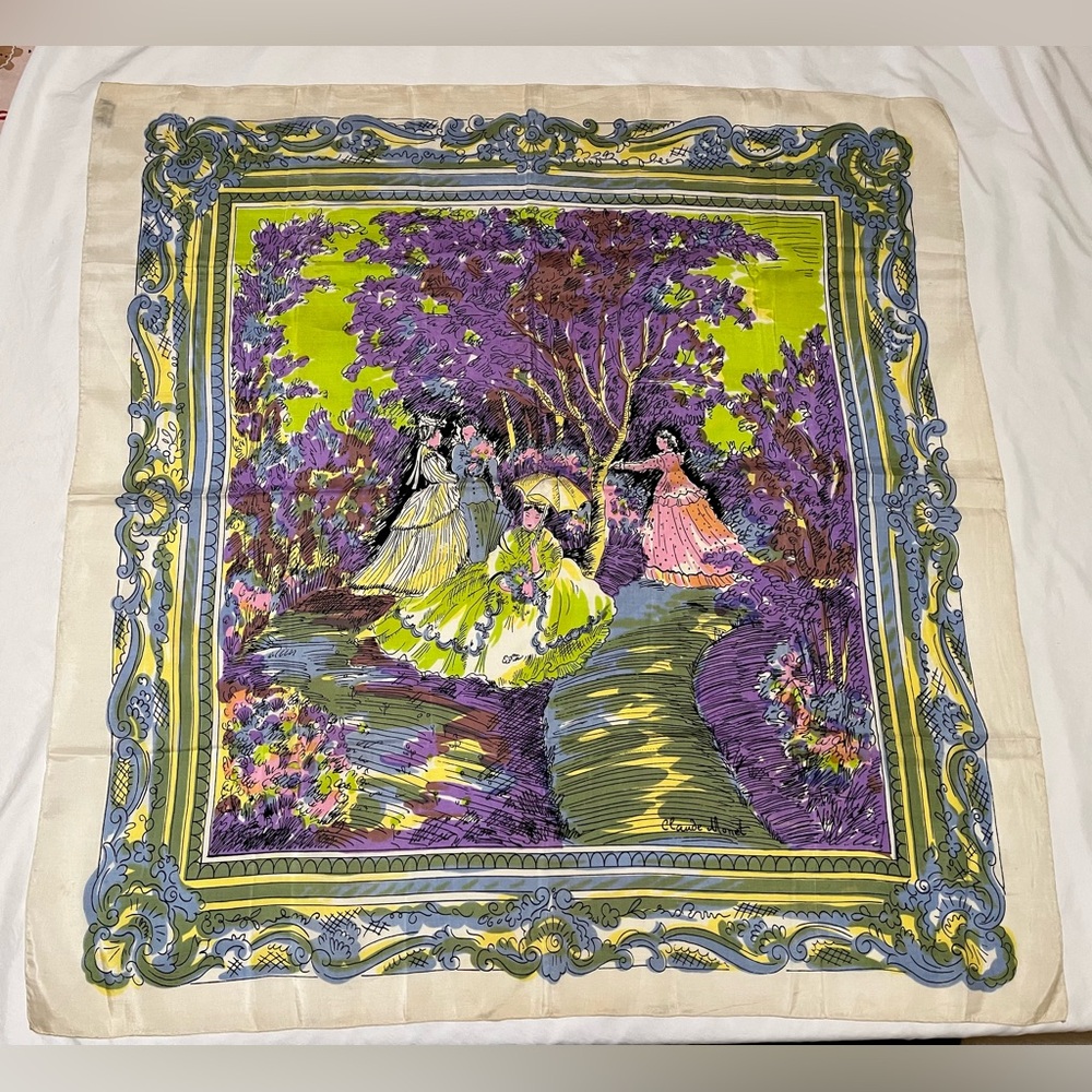 Vintage 1950s Glentex Silk Scarf Scene by Claude Monet Victorian Ladies EUC